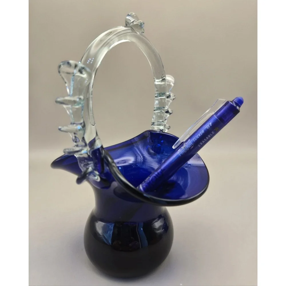 Vintage Romanian Basket Handblown Cobalt Blue 6.75